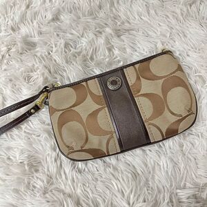 Coach Signature CC Brown‎ monogram Canvas Large Zip Wristlet Pouch Wallet